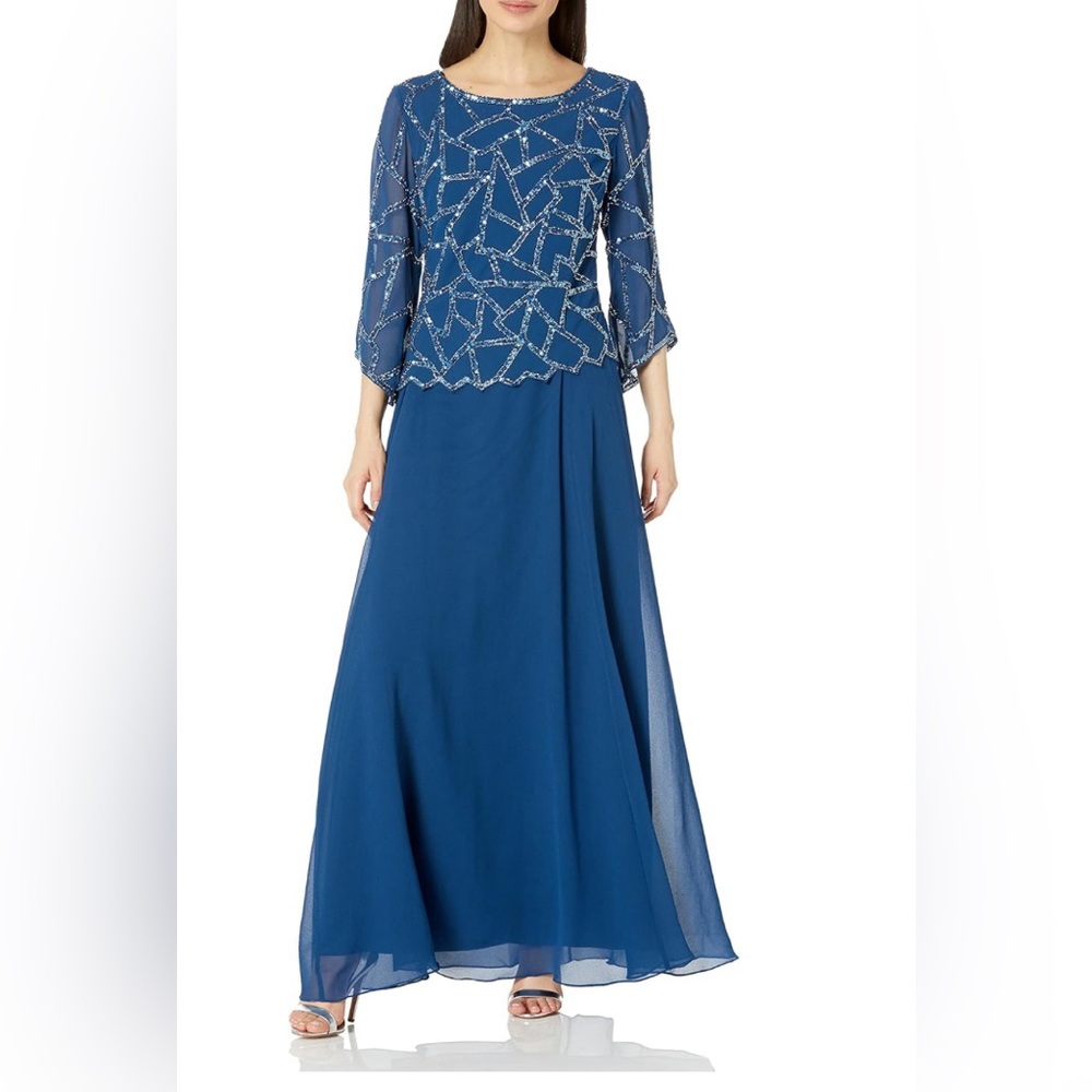 J Kara Women's 3/4 Angle Sleeve Geometrical Beaded Bodice Popover Dress- SIZE 14